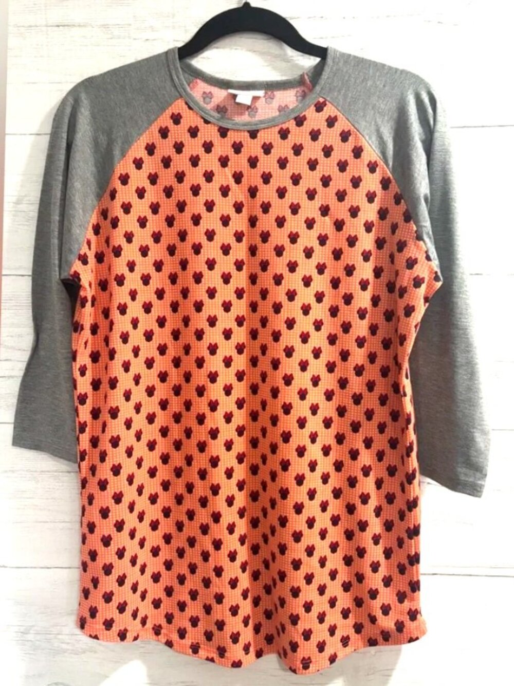 LuLaRoe Disney Minnie Mouse Randy Tee Size M Orange Gray Raglan Top Cute Casual